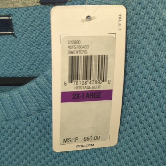 IZOD Men’s XXL Sweater Heritage Blue Crew Neck Cotton Blend Pullover NWT $60 - Picture 2 of 5